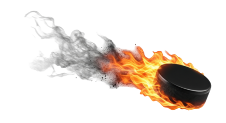 Isolated Hockey Puck Burning with Flames and Emitting Smoke on a Bright Surface