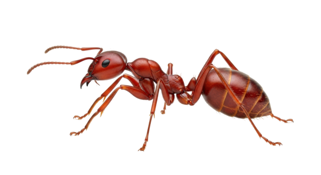 Isolated red ant crawling, macro close-up of insect, anatomy and detailed natural textures