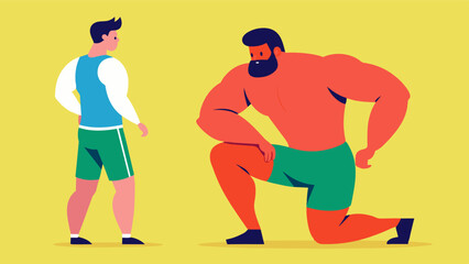 A man stares longingly at the size of his friends calves feeling selfconscious about his own.. Vector illustration
