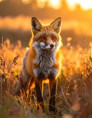 Fox in golden sunset field