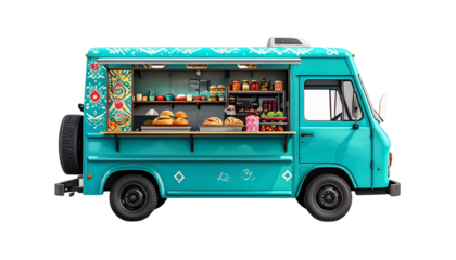 Teal Patterned Food Truck With Open Serving Window, Front-Angle View, Isolated on Transparent Background.