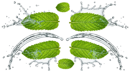 Isolated peppermint sprigs hit by water streams, fresh mint splash, water droplets on leaves