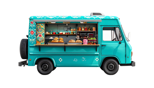  Teal Patterned Food Truck With Open Serving Window, Front-Angle View, Isolated on Transparent Background. - Powered by Adobe