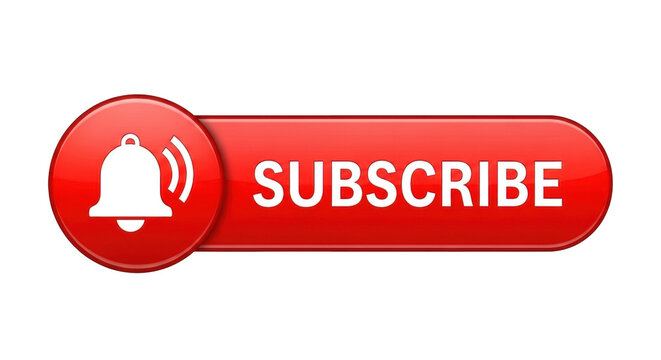 Isolated red subscribe notification button with bell icon for channel, media, social networks