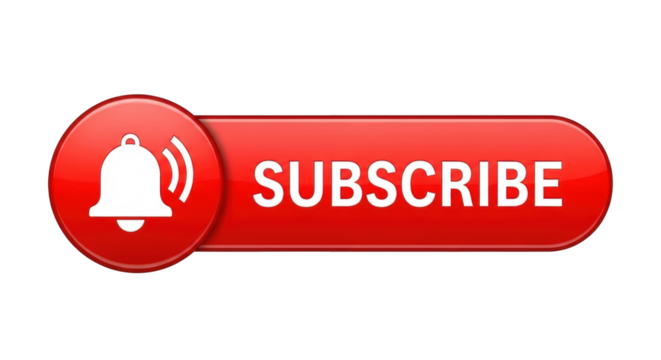 Isolated red subscribe notification button with bell icon for channel, media, social networks