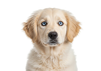 Obraz premium Adorable golden retriever puppy with blue eyes isolated on transparent background, cute dog portrait in PNG format for pet-related designs