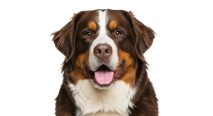 Isolated portrait of a Bernese Mountain dog breed, showing tongue, looking at camera