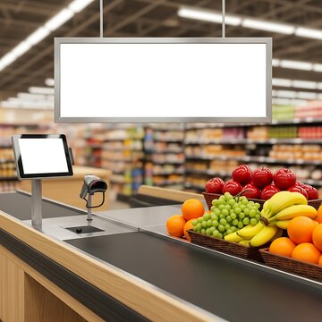 Checkout Counter with Fresh Produce and Blank Sign in Supermarket.