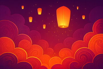 Glowing Lanterns Rising Through Paisley Clouds &ndash; Stylized Night Sky Festival Illustration