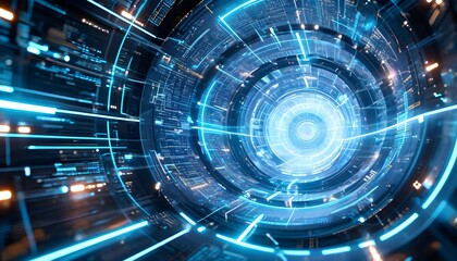Fototapeta premium A journey through a futuristic digital tunnel of glowing blue light and complex circuitry.