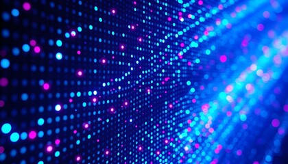 A digital representation of data flowing through a network, visualized as a grid of glowing blue and pink dots.