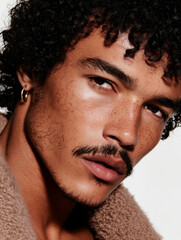 Close-up portrait of a man with curly hair and mustache. Confident and natural look.