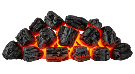 Isolated pile of glowing hot coals, barbeque ember texture fuel, barbecue grilling heat
