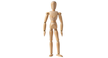 Isolated art mannequin figure stands with one knee bent, wooden anatomical reference tool