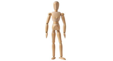 Isolated art mannequin figure stands with one knee bent, wooden anatomical reference tool