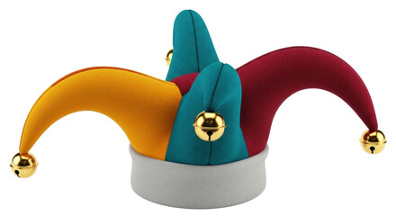 Isolated multicolored jester hat with bells for carnival costume or circus clown, headwear