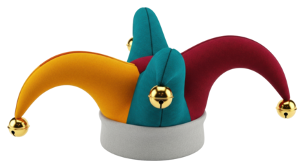 Isolated multicolored jester hat with bells for carnival costume or circus clown, headwear