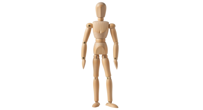 Isolated art mannequin figure stands with one knee bent, wooden anatomical reference tool