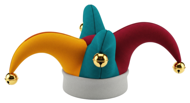 Isolated multicolored jester hat with bells for carnival costume or circus clown, headwear