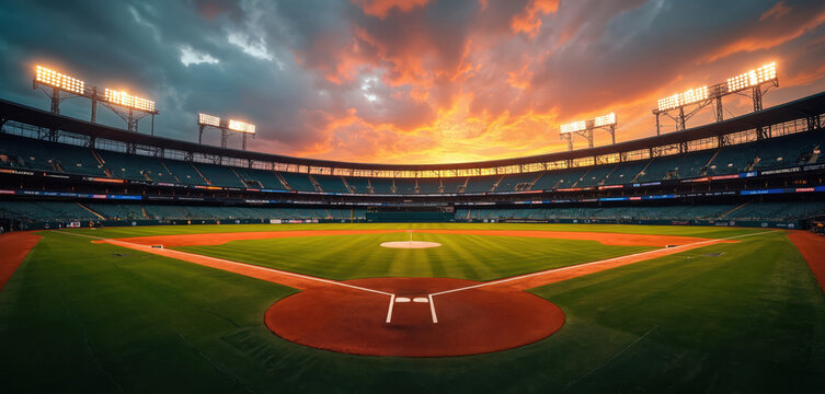 Empty baseball stadium at sunset. Field is green and well lit by stadium lights. Sky is colorful. Seats are unoccupied. Nobody present. Arena awaits game.