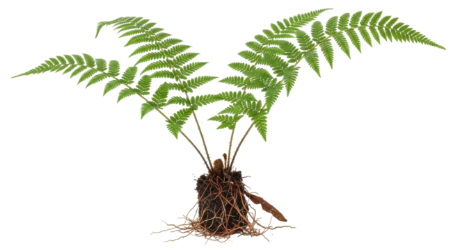 Isolated fern plant sprouting from soil, fresh green plant and root system, home gardening