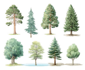 Collection of eight diverse deciduous and coniferous trees, watercolor illustration, isolated on transparent background
