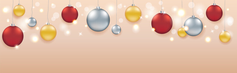 Long Christmas horizontal banner with Christmas tree balls. Christmas background horizontal long frame. Christmas tree holiday banner in horizontal layout with central copy area. Vector EPS10