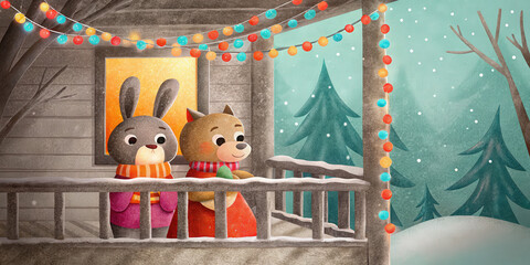 Two cute animals enjoy cozy holiday lifestyle on decorated porch with colorful lights and snow falling during Christmas season
