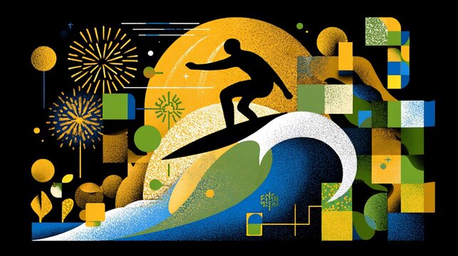 Silhouette surfer carving wave, sunlit, with fireworks, geometric shapes, dark backdrop - Powered by Adobe