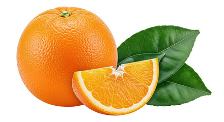 Isolated orange citrus fruit with slice, leaves, close-up, freshness, vivid color, ripe, and juicy