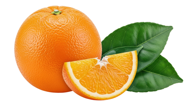 Isolated orange citrus fruit with slice, leaves, close-up, freshness, vivid color, ripe, and juicy