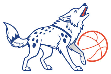 Howling Wolf with Basketball Icon in Blue and Orange on White Background