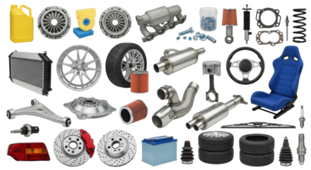 Isolated Assortment of Automotive Parts and Car Components for Repair and Maintenance Services