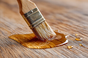 Brush applying varnish to wood surface, creating a glossy finish during crafting session in natural light