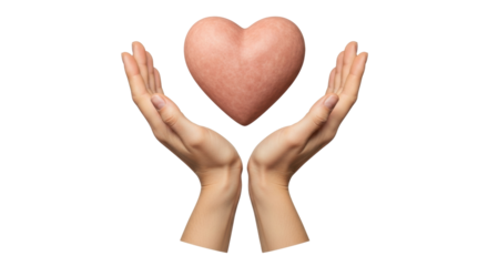 Isolated heart being held in caring hands representing love and support in healthcare