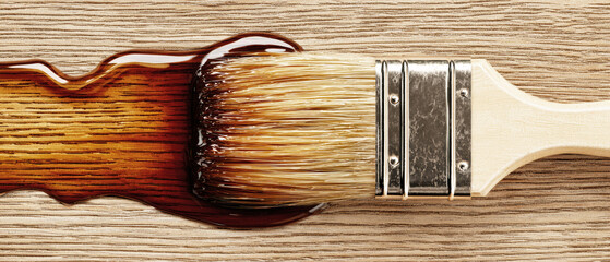 Brush applying varnish on wood surface while highlighting texture and color enhancement in natural light