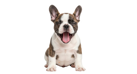 Isolated adorable French Bulldog puppy yawns, sleepy puppy, happy, open mouth, tongue showing
