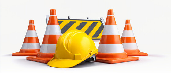 Realistic 3D rendering of construction sign with traffic cones and safety helmet on a white background