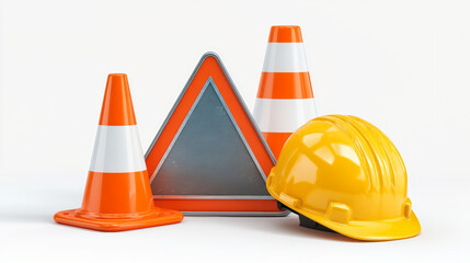Construction sign with traffic cones and safety helmet displayed on white background