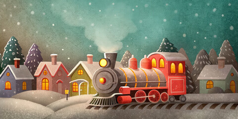 Charming holiday lifestyle scene with vintage train passing snowy houses and pine trees under peaceful Christmas snowfall