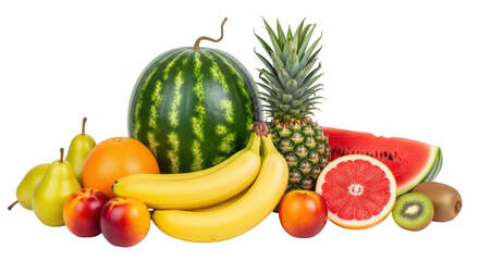 Isolated shot of colorful fresh fruits including watermelon, pineapple, and citrus fruits