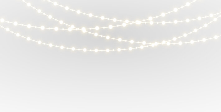 PNG gold garland and shiny string lights on transparent background for winter holiday banner with festive ribbon decoration and abstract illustration
