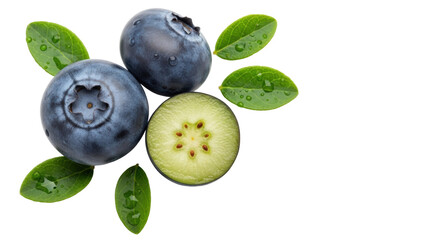 Isolated arrangement of fresh blueberries and leaves, featuring a half-cut berry