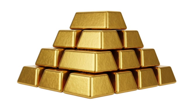Isolated shiny gold bars stacked in a pyramid, wealth, investment, savings concept, precious metal