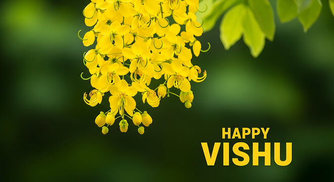 Stunning Golden Shower Cassia flowers for vibrant Vishu festival, traditional Kerala festive bloom on green background.