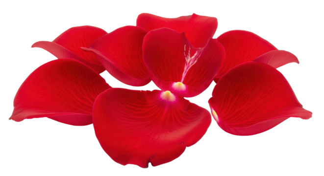 Isolated arrangement of vibrant red rose petals in a pile on a seamless plane, nature scene