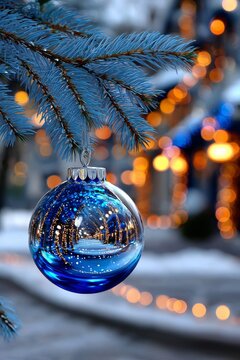 Decoraci&oacute;n navide&ntilde;a en un &aacute;rbol con un adorno azul brillante y luces de fondo