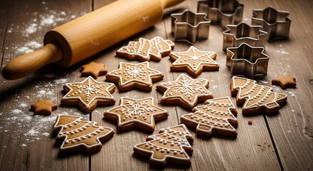 Decorated christmas cookies with rolling pin and cookie cutters on a wooden surface sprinkled with flour