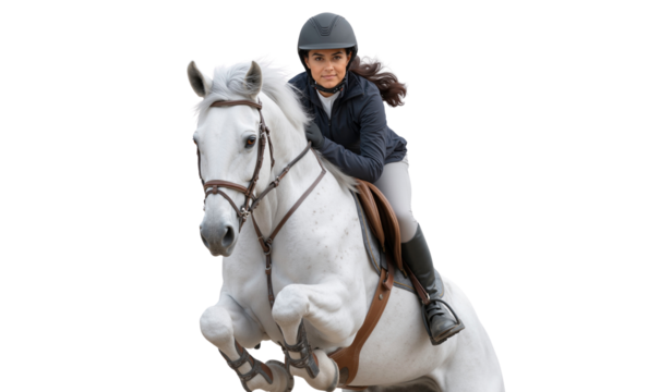 Focused female equestrian in a helmet and riding gear on a majestic white horse mid-jump