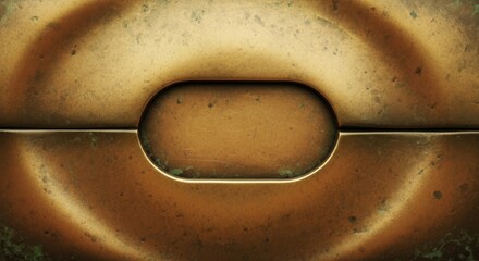 A close-up of a gold-colored metal object with a circular cutout in the center, set against a dark, textured background.